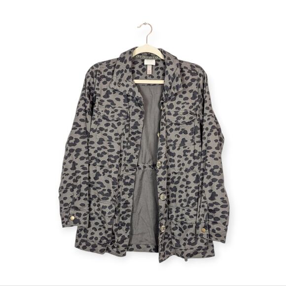 Knox Rose Women's Charcoal Grey Leopard Print Button Utility Jacket Size XS - Picture 1 of 7